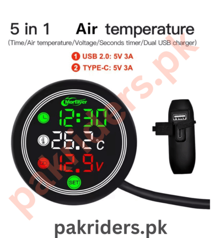 5-in-1 LED Digital Meter with 5V 2.5A Fast Charging – Features clock, stopwatch, temperature monitoring (weather, water, oil), and real-time battery voltage display
